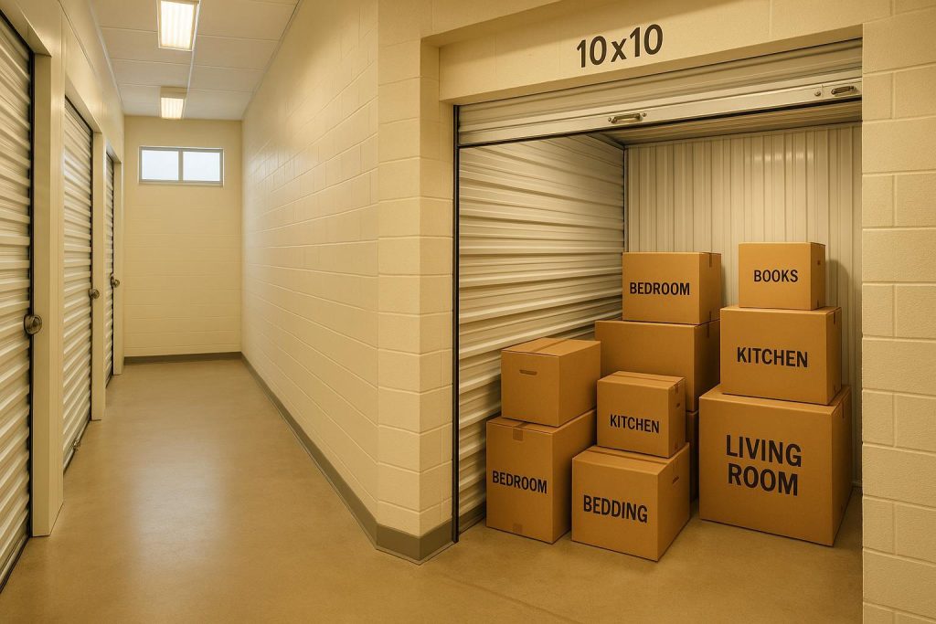 Open 10x10 storage unit showing stacked boxes inside