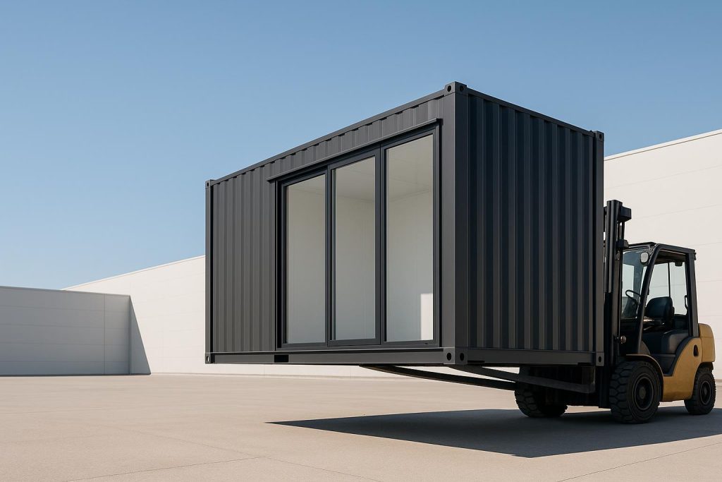 Forklift moving a modern container office, demonstrating container office mobility.