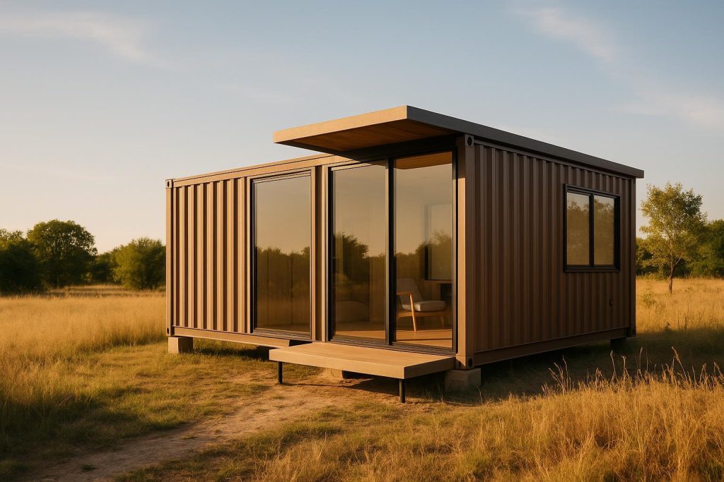 Bright, modern shipping container home in an open setting.