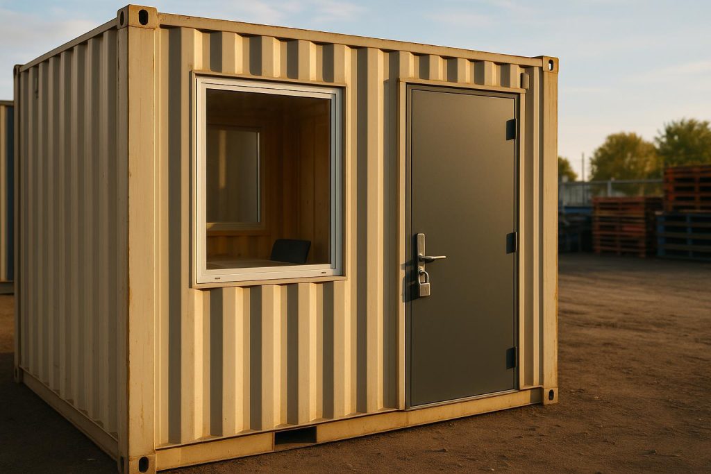 Secure container office with sturdy door lock in industrial yard.