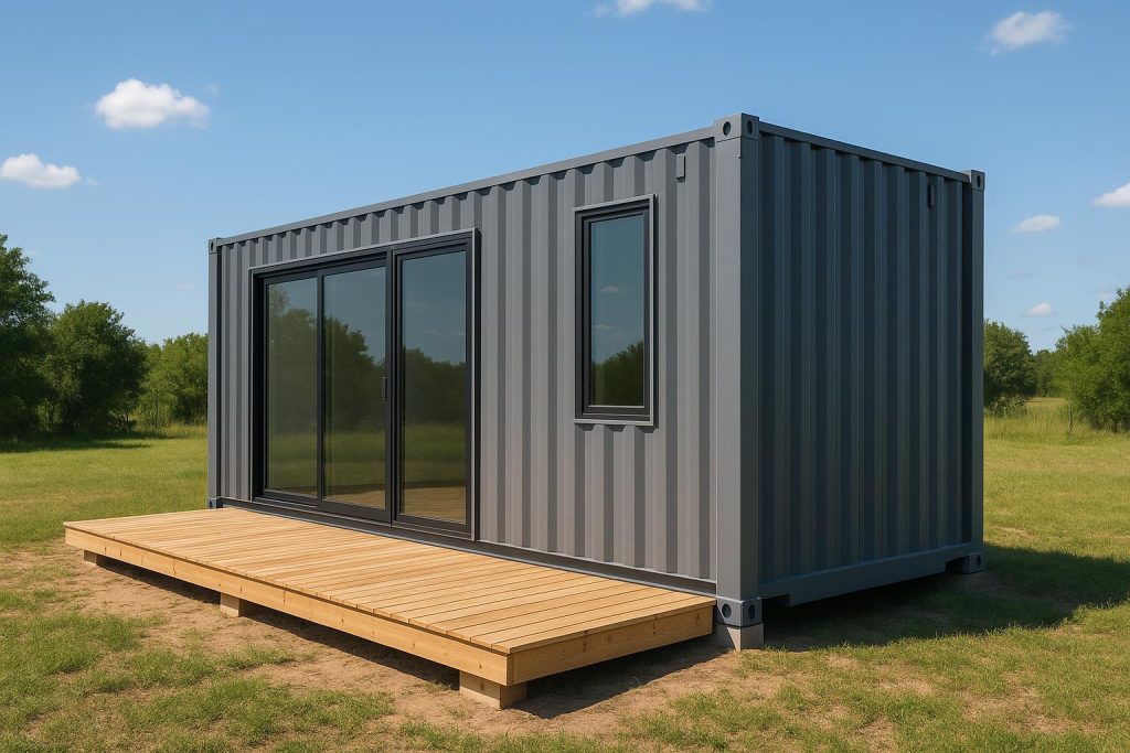 Shipping container home with rust-resistant exterior in a rural setting.