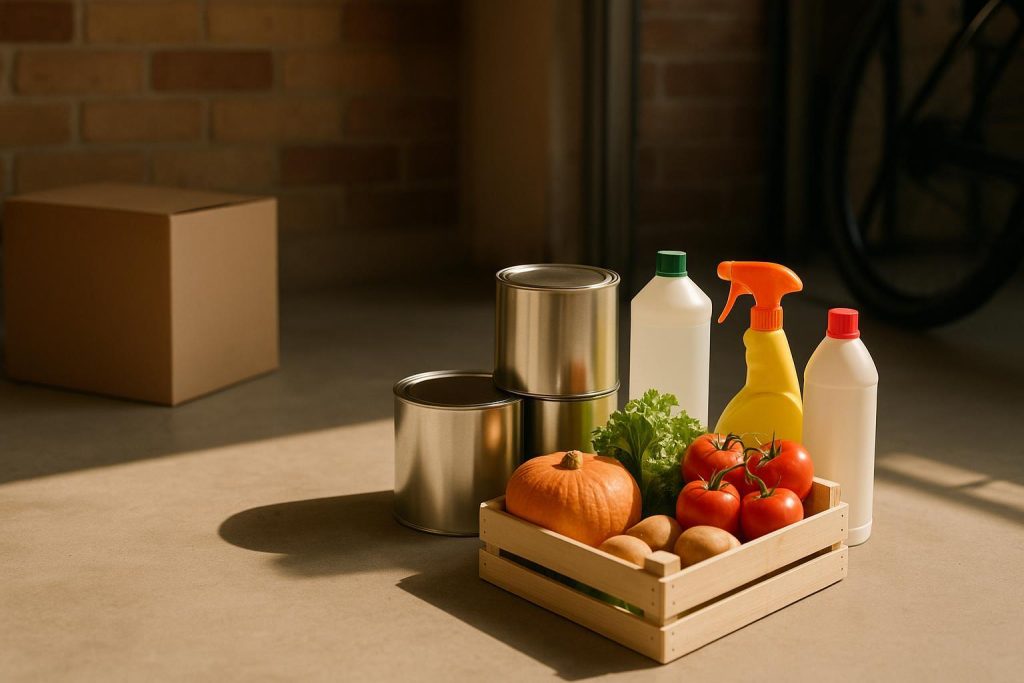 Paint cans, chemicals, and produce in a garage, illustrating items not suitable for storage units.