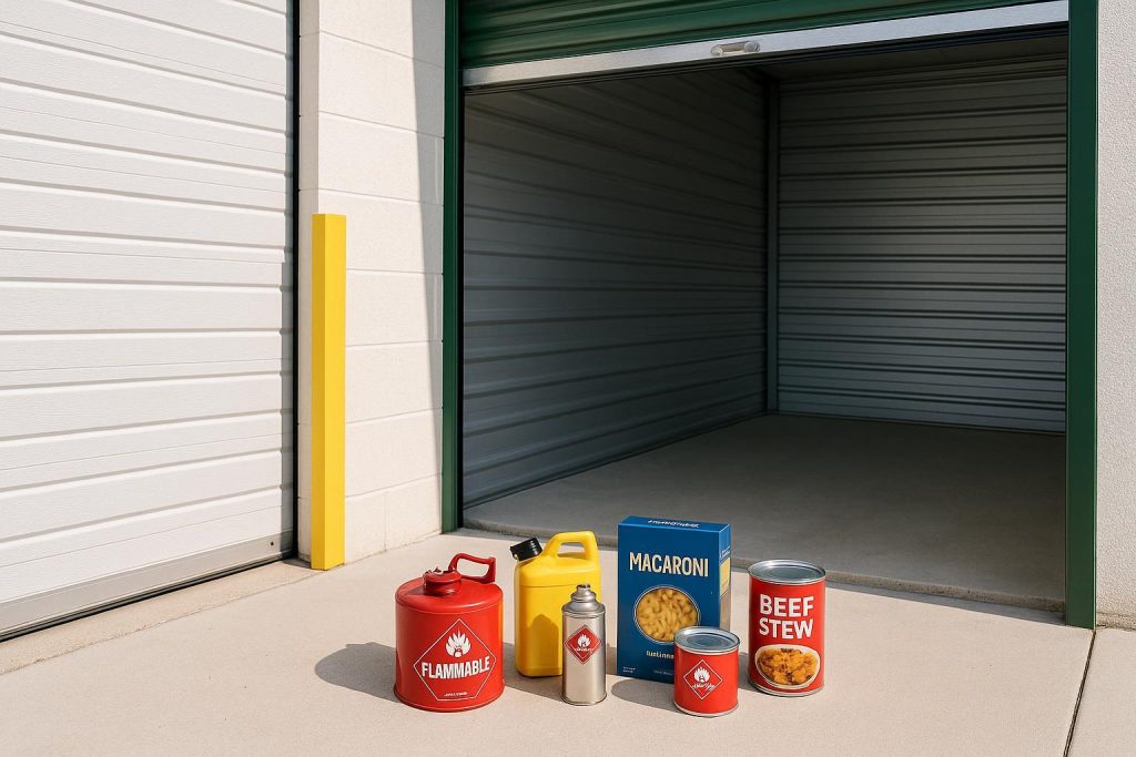 Open storage unit with flammable and perishable items illustrating what not to store.