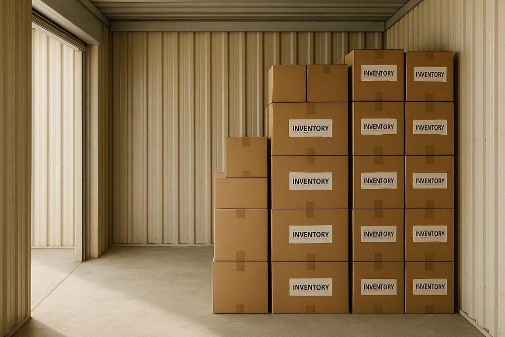 Small business inventory neatly organized inside a secure self storage unit
