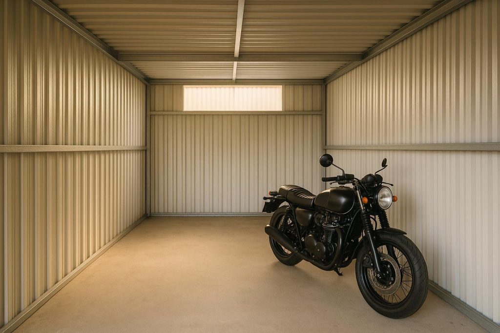 Motorcycle storage unit with bike safely parked inside.