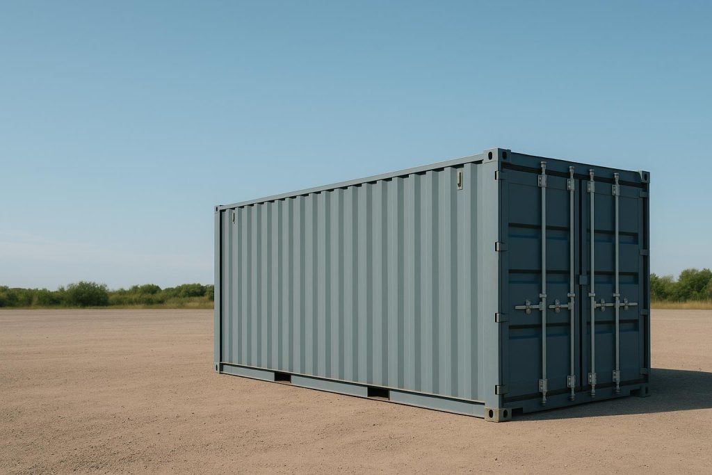 Steel container in an open yard, demonstrating on-site storage.