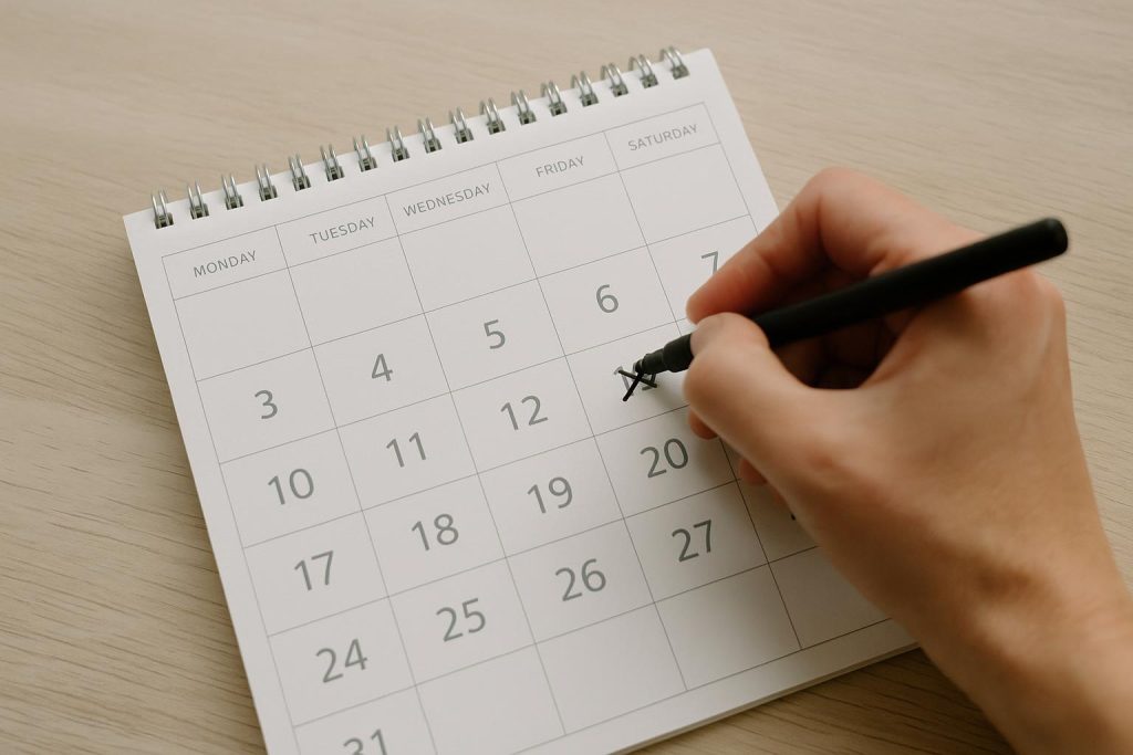 Overhead shot of someone marking a date on a desk calendar, referencing a cancellation policy.