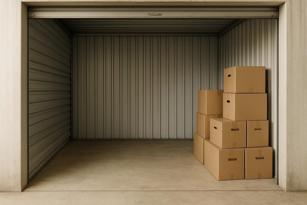 Open storage unit with boxes, illustrating flexible lease terms and no early termination penalty.