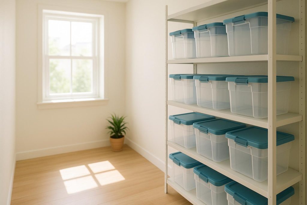 Neatly sealed clothing bins on a shelf, preventing mold in storage.