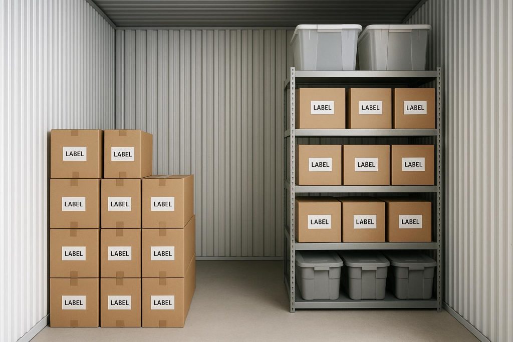 Neatly stacked boxes and sealed containers for long-term storage.