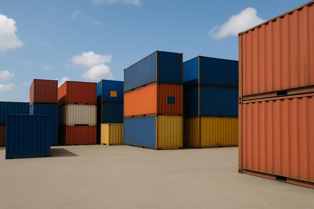 Multiple sizes of storage units aligned outdoors for business storage.