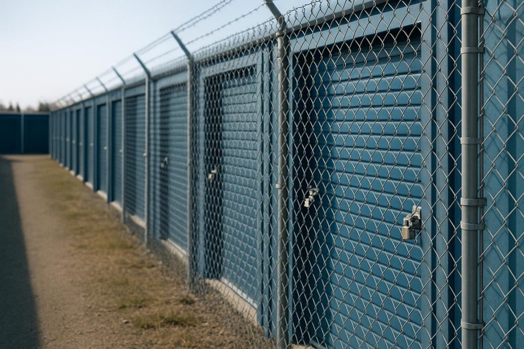 A row of steel storage units behind a secure fence in Edmonton.