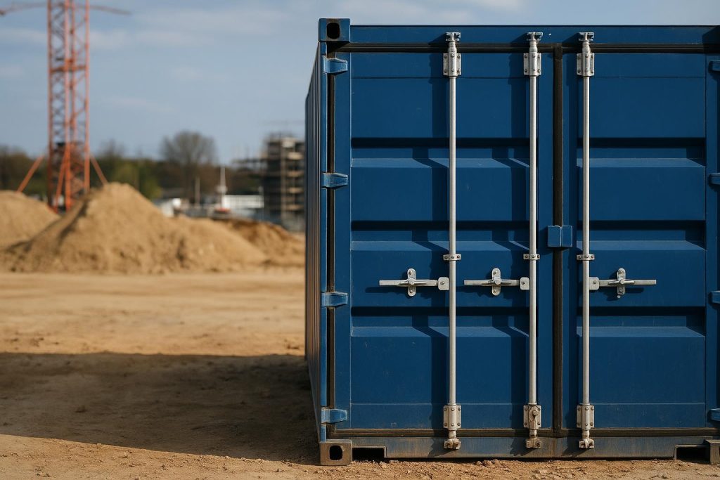 Locked steel shipping container for secure equipment storage on a construction site.