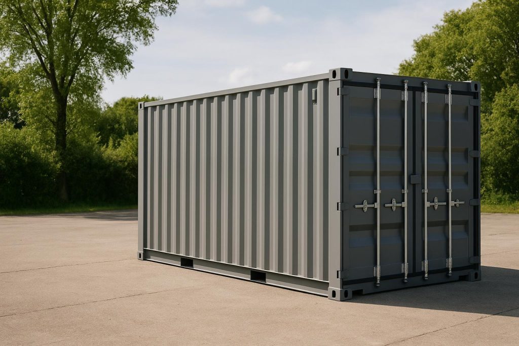A robust steel shipping container in good rental condition.