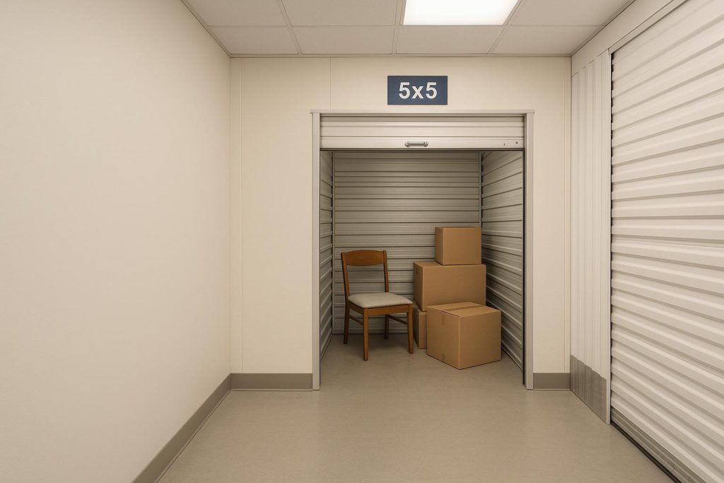 Open 5x5 storage unit with a few boxes and a chair, illustrating small storage capacity.