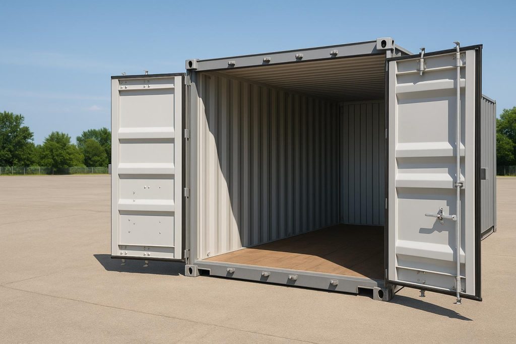 Open seacan in an outdoor yard demonstrating potential storage space.