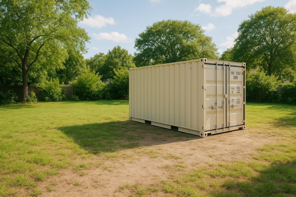 Seacan placed on a private property, illustrating local permit considerations.