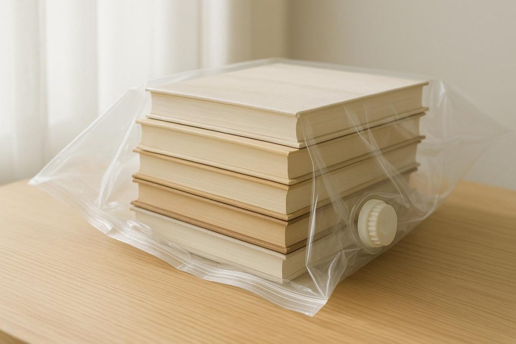 Stack of hardcover books in a clear vacuum bag for storage.