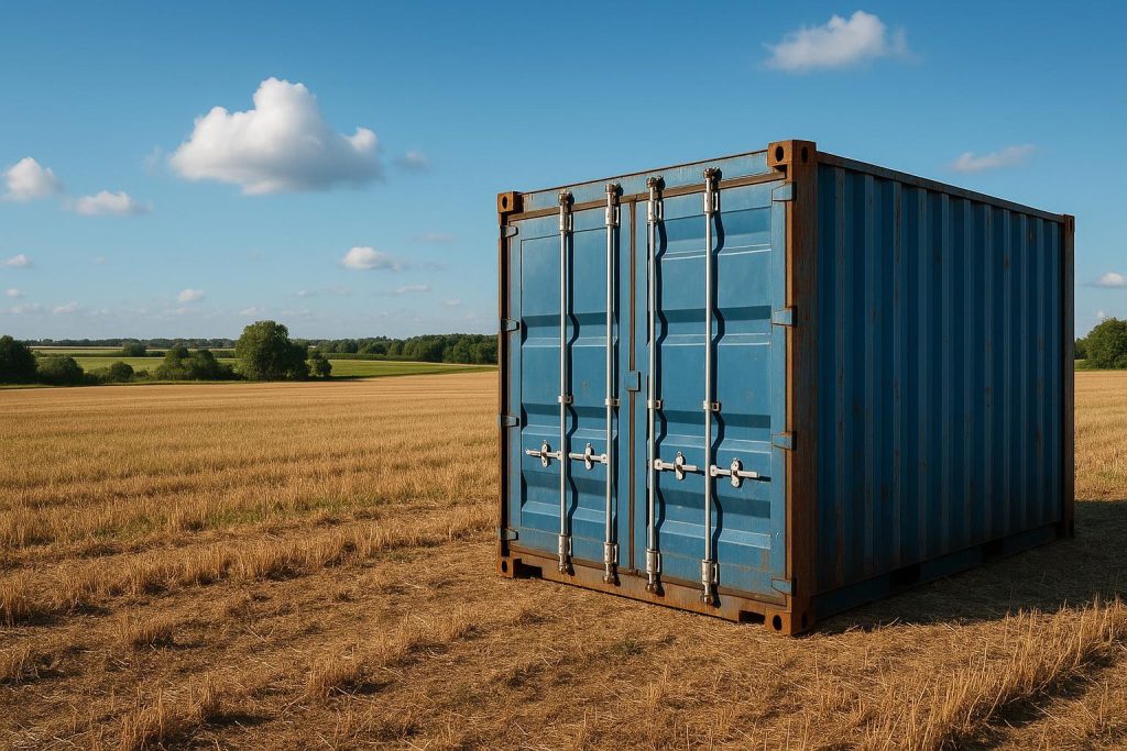 Airtight shipping container in farmland highlighting moisture protection.