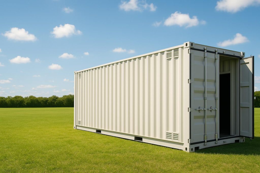 Partially open container demonstrating storage unit ventilation in a sunny yard.
