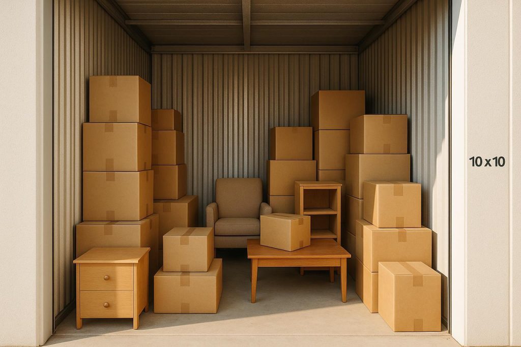 Interior view of a 10x10 storage unit with boxes and small furniture.