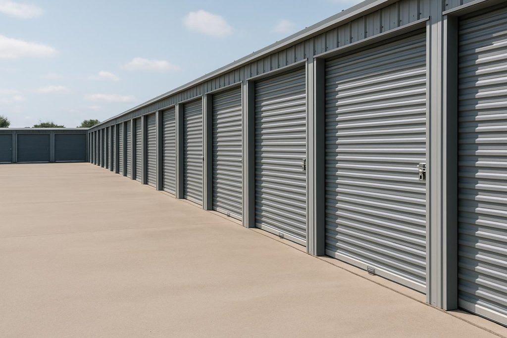 Row of secure steel units for monthly storage in Edmonton.