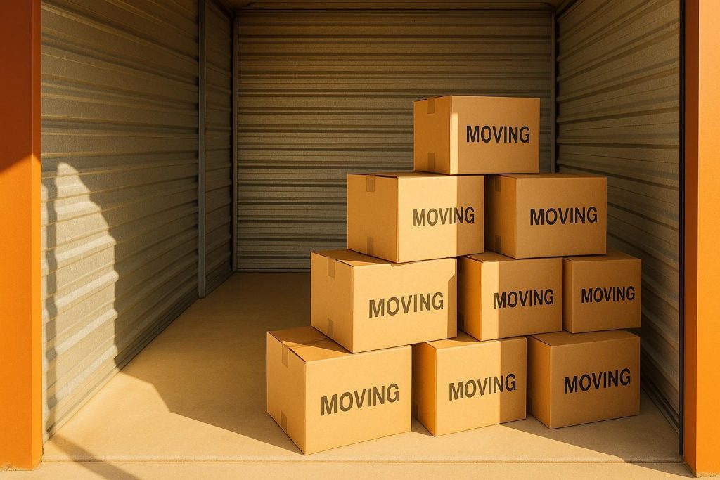 Stacked moving boxes in a secure unit for an inexpensive space solution while moving.