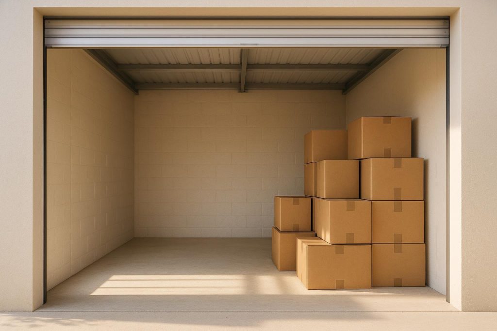 Bright self-storage unit with boxes on the right, illustrating items you should not leave in a storage unit.