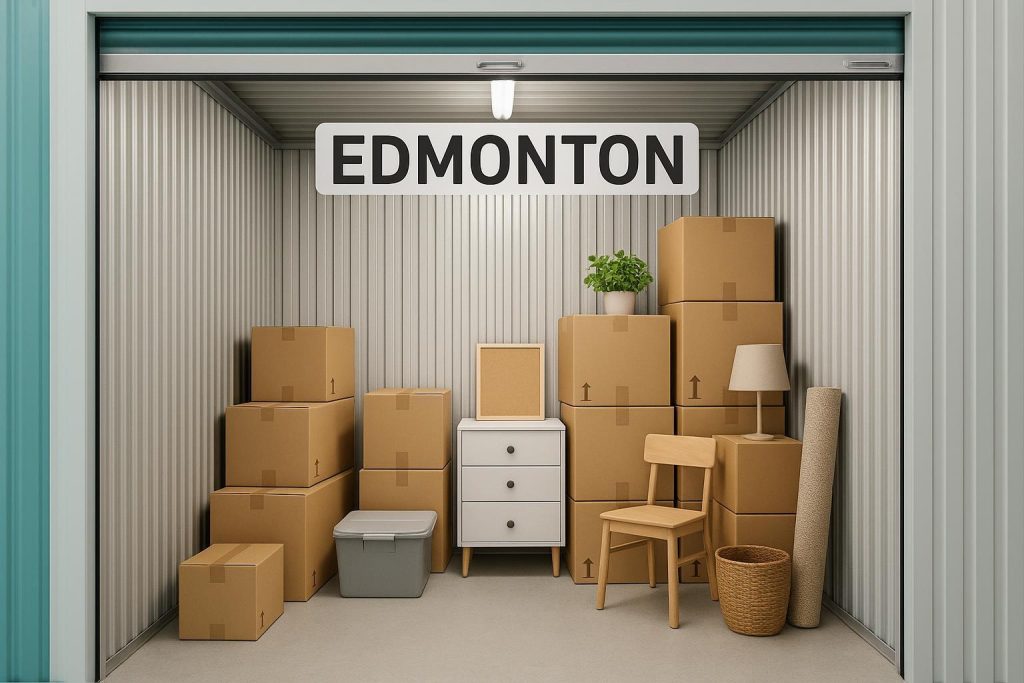 Indoor self-storage unit in Edmonton with various household items neatly stacked.