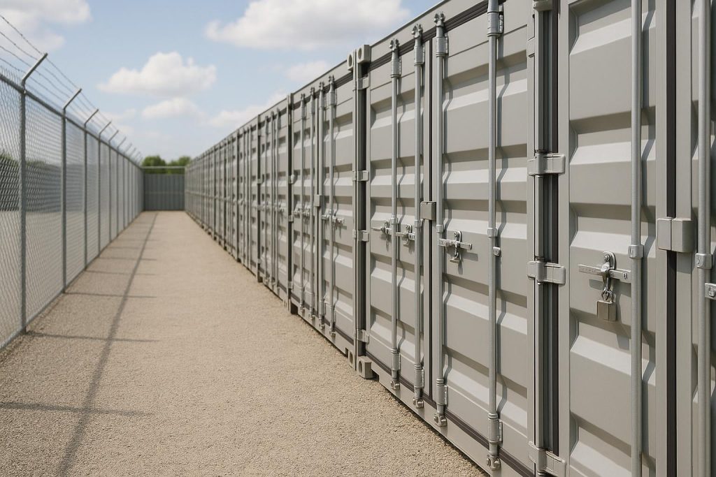 A row of secure long term storage units serving personal and business needs.