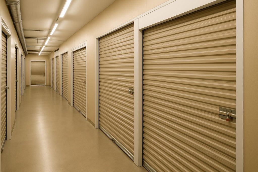 Indoor Edmonton storage units in varied sizes along a well-lit hallway.